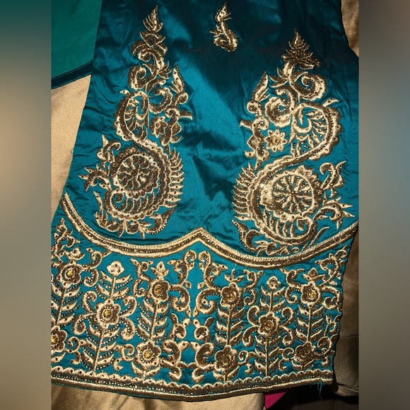 Teal and Gold Embroidered Indian Suit Outfit - Picture 3 of 4